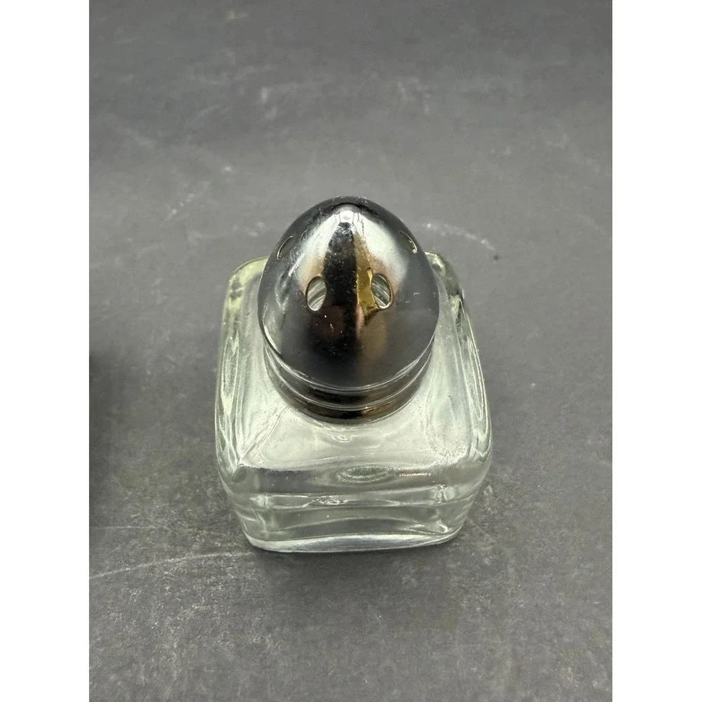 Vintage Clear Glass Salt & Pepper Shakers Square Bottles Chrome Bullet Tops RP